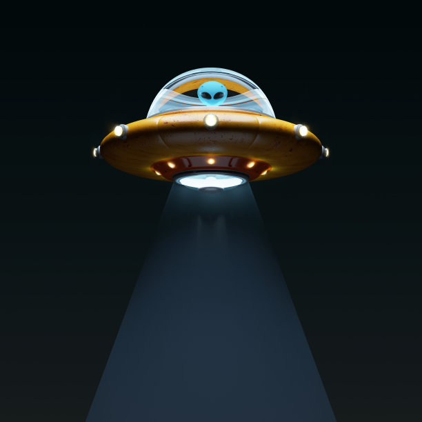 UFO飞行与外星人和绑架光束在晚上。三维渲染图片下载