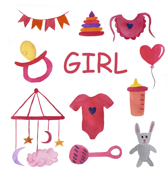 一套水彩插图与元素的一个女婴。一套儿童物品插图图片下载