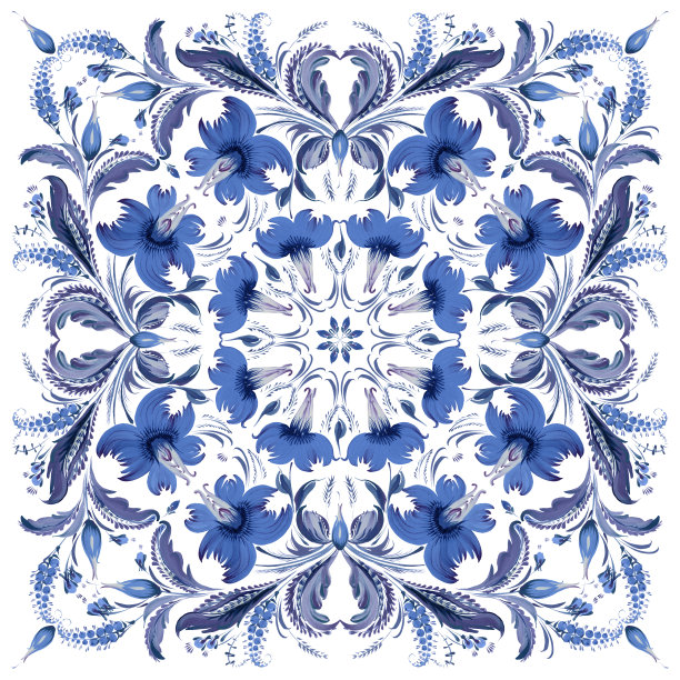 乌克兰民间绘画风格的蜡染花卉Petrykivka为披肩，地毯，手帕，瓷砖与蓝色的花朵，树叶，树枝孤立在白色的背景图片下载