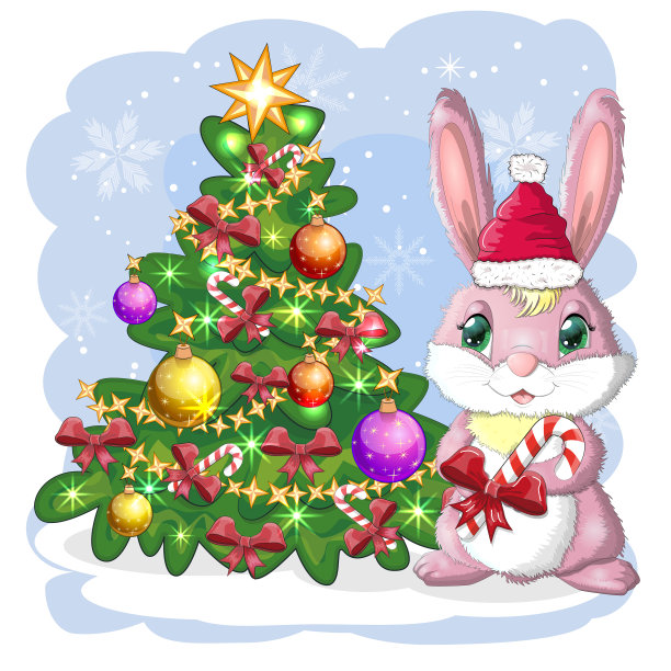 可爱的卡通兔子戴着圣诞老人的帽子图片下载