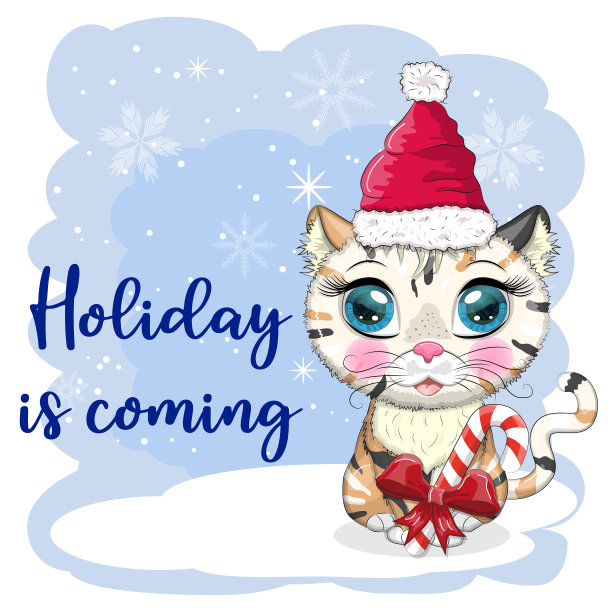 背景是戴着圣诞老人帽子的可爱卡通猫图片下载