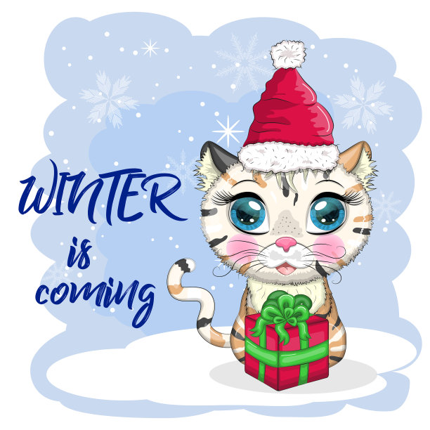 背景是戴着圣诞老人帽子的可爱卡通猫图片下载