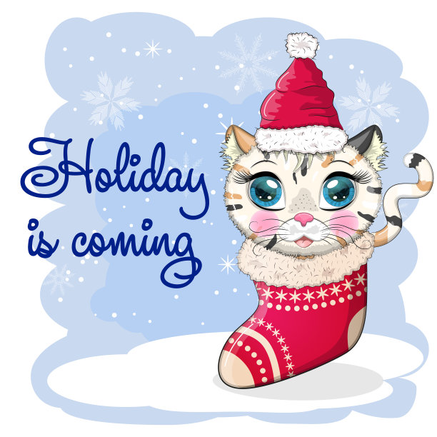 背景是戴着圣诞老人帽子的可爱卡通猫图片下载