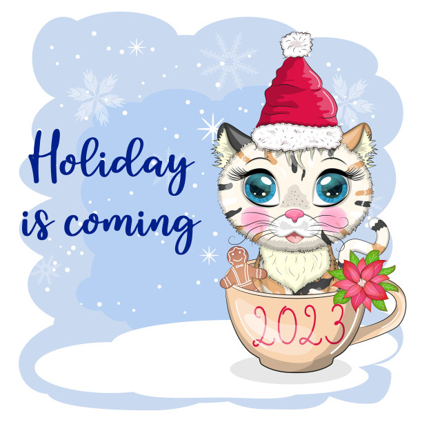 背景是戴着圣诞老人帽子的可爱卡通猫图片下载