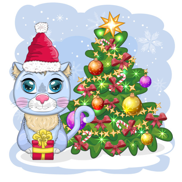 可爱的卡通猫在圣诞老人的帽子附近装饰图片下载