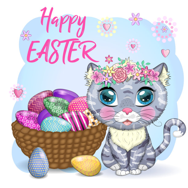 可爱的卡通猫靠近一个美丽的复活节篮子图片下载