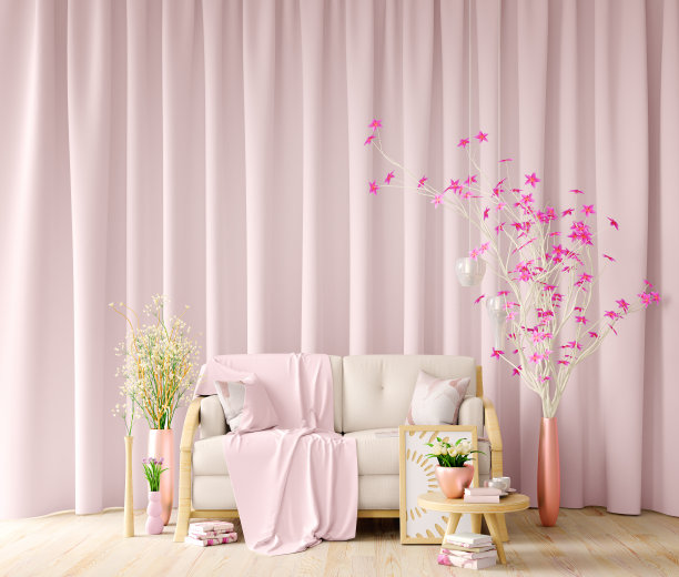 现代客厅室内设计，沙发、窗帘、台灯、茶几，3d渲染图片下载