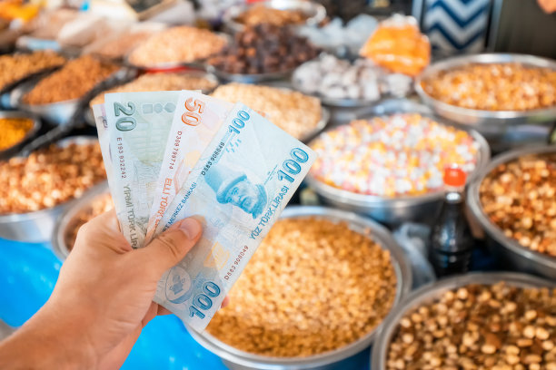 在农贸市场，手拿土耳其里拉现金钞票，背景是坚果和干果。土耳其国家货币的消费经济和通货膨胀的概念。图片下载