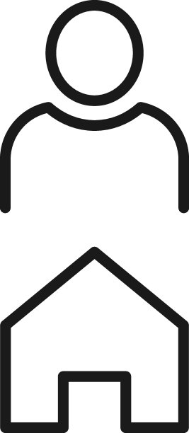 适用于广告、网站、商店、应用程序的黑白标志。用户旁边的房屋矢量图标，可编辑的细黑线描绘图片下载