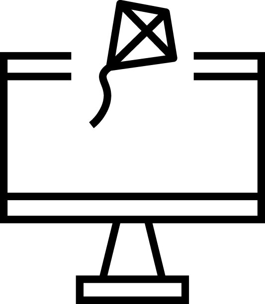 用黑色细线绘制的单色标志。完美的互联网资源，商店，书籍，商店，广告。电脑里面风筝的矢量图标图片下载