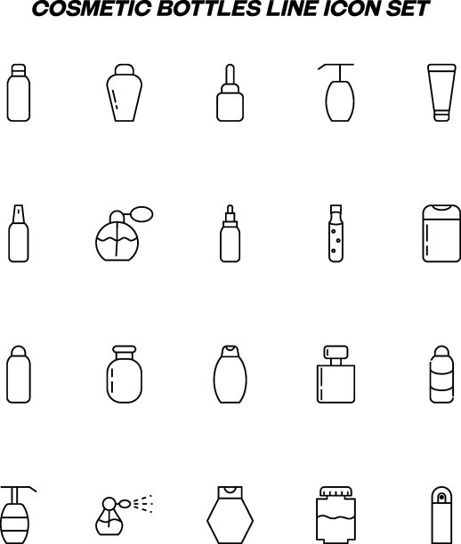 化妆品和美容概念。轮廓标志适合广告，网站，网上商店等。线图标设置与各种瓶和管的程序符号图片下载