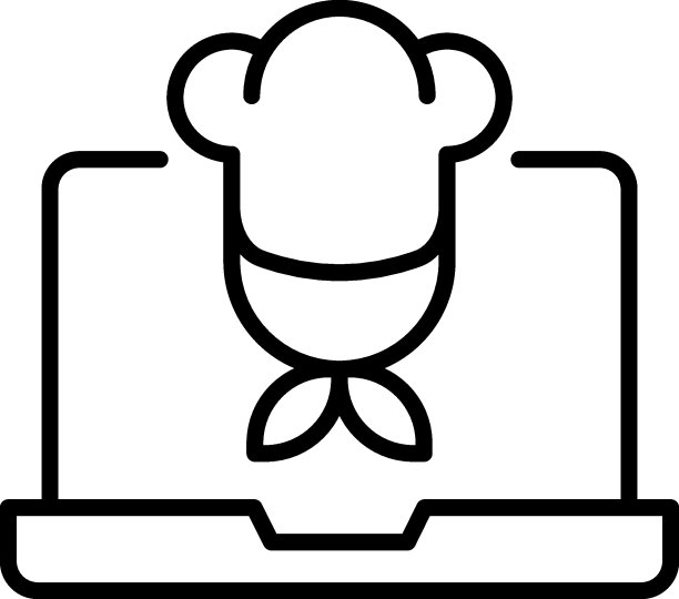 简单的黑白插图绘制细线。完美的广告，互联网商店，商店。可编辑的中风。在笔记本电脑显示器上的厨师矢量线图标图片下载