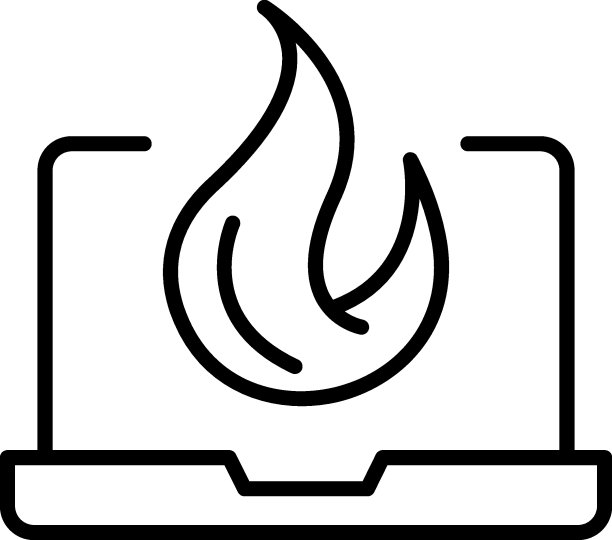 用细线绘制的简单黑白插图。非常适合广告、互联网商店、商店。可编辑的笔画。笔记本电脑显示器上火焰或火灾的矢量线图标图片下载