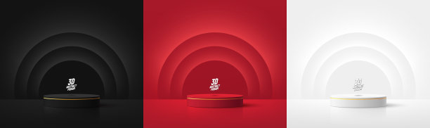 一套逼真的3d背景与圆柱体讲台。黑色，红色，白色发光的光半圈层场景。抽象最小场景实物展示，舞台展示。向量的几何形式。图片下载