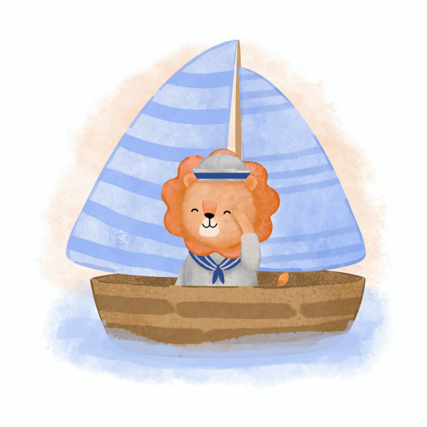 可爱的狮子穿着水手服坐在帆船水彩画风格图片下载