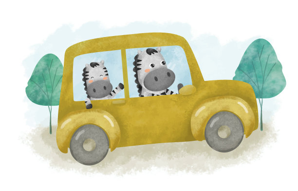 可爱的斑马开车在森林里旅行图片下载