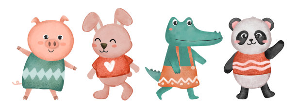 一套可爱的动物服装和不同的水彩画图片下载