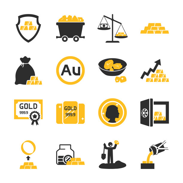 黄金的图标集。金矿开采，一种金融资产，一种化学元素。黑色和金色图标收集图片下载