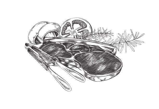 烤牛排配蔬菜雕刻图片下载