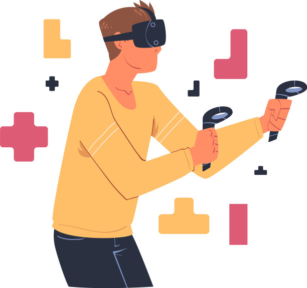 男子戴着虚拟现实头盔玩益智游戏图片下载