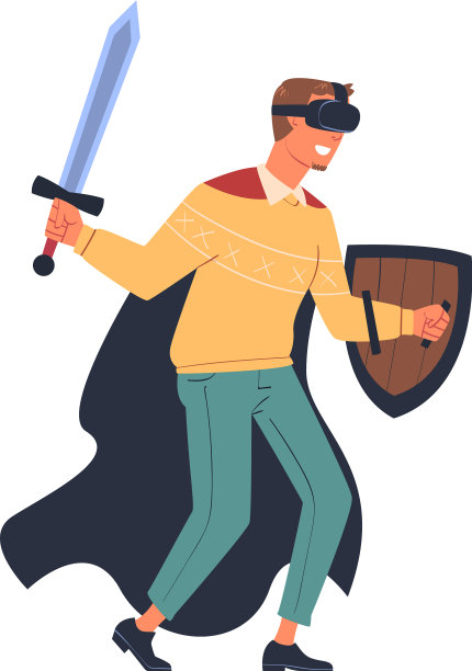 戴着虚拟现实头盔和剑的男人图片下载