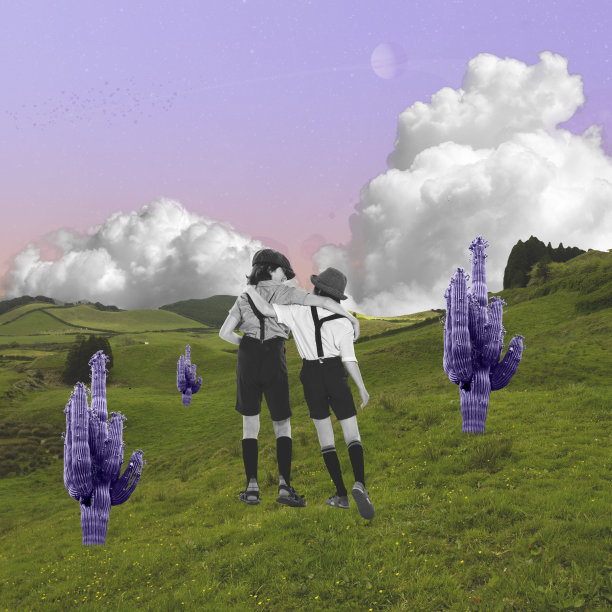 当代拼贴。超现实的艺术设计与快乐的孩子，孩子享受时间在未来的自然景观。创意观念，新视野，童年图片下载