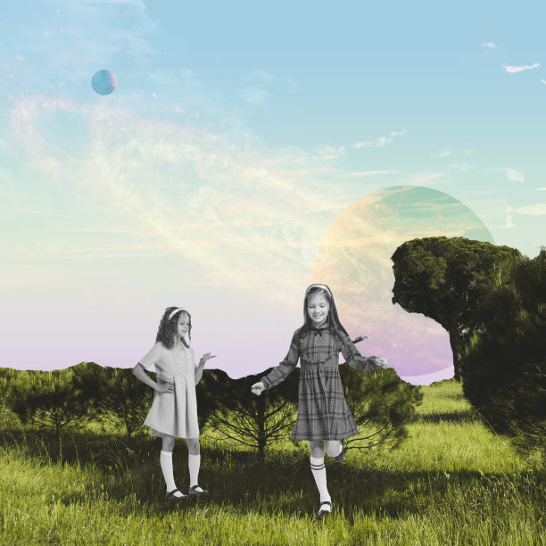 当代拼贴。超现实的艺术设计与快乐的孩子，孩子享受时间在未来的自然景观。创意观念，新视野，童年图片下载