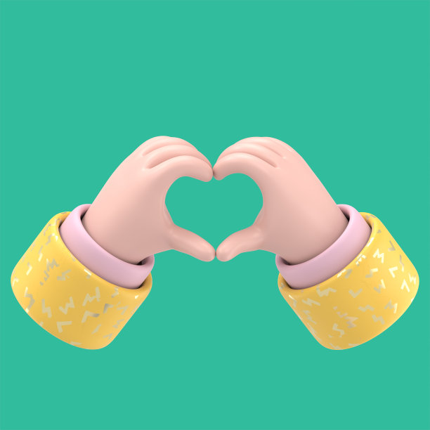 人类的手做出心形的手势。绿色背景。爱的概念。情人节。可爱的卡通风格的3d渲染插图。图片下载