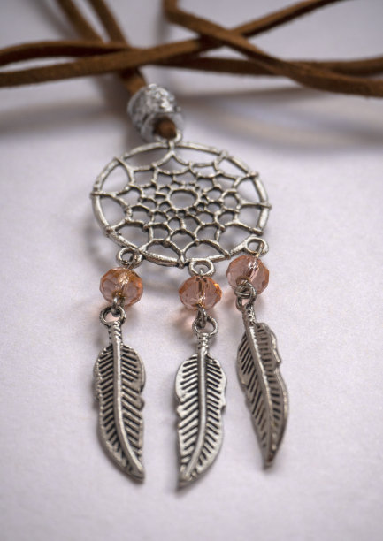 银色装饰-捕梦网吊坠上的棕色皮革绳特写图片下载