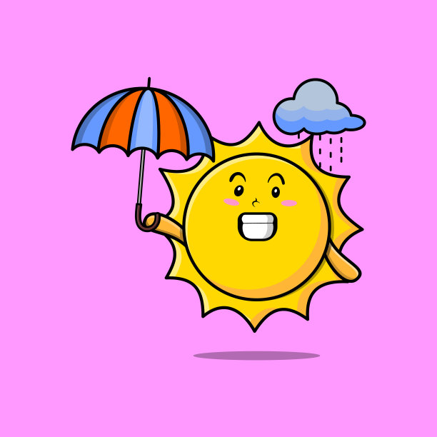 可爱的卡通太阳在雨和使用雨伞图片下载