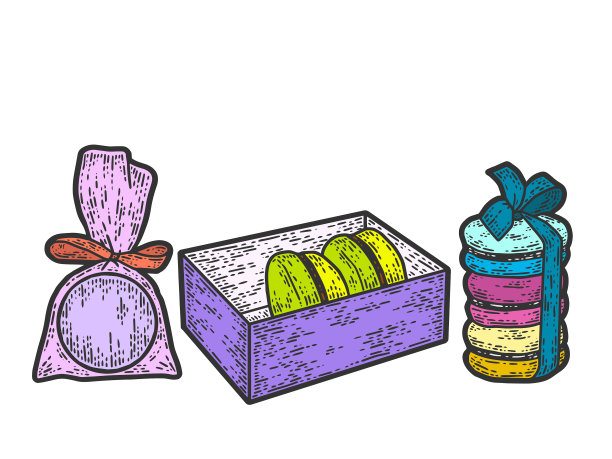 将彩色马卡龙甜点置于包装草图中图片下载