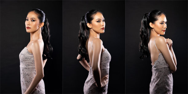 半身体的亚洲美女穿白色亮片晚礼服，时尚复古的姿势图片下载