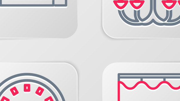 设置线条窗帘、时钟吊灯和沙发图标图片下载