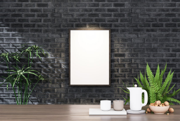 空房间相框用黑色瓷砖墙，室内背景形象。图片下载