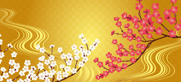 日本风格的插图，流水和红白梅花在金叶背景图片下载