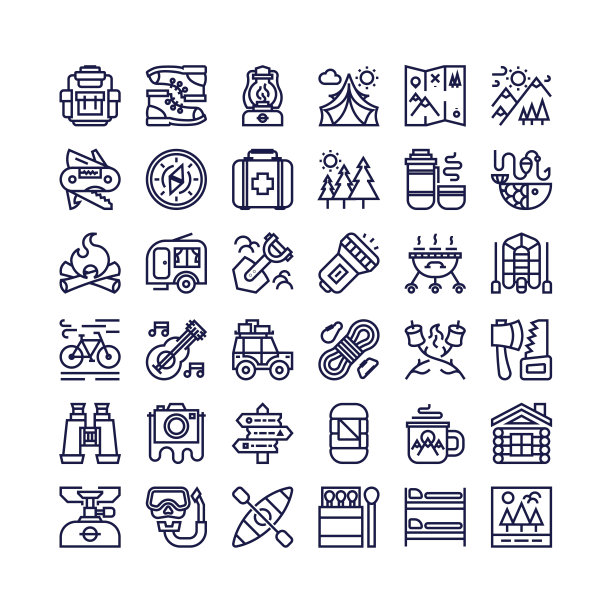 露营和徒步标志以露营和旅行装备为旅游标志的线条风格图片下载
