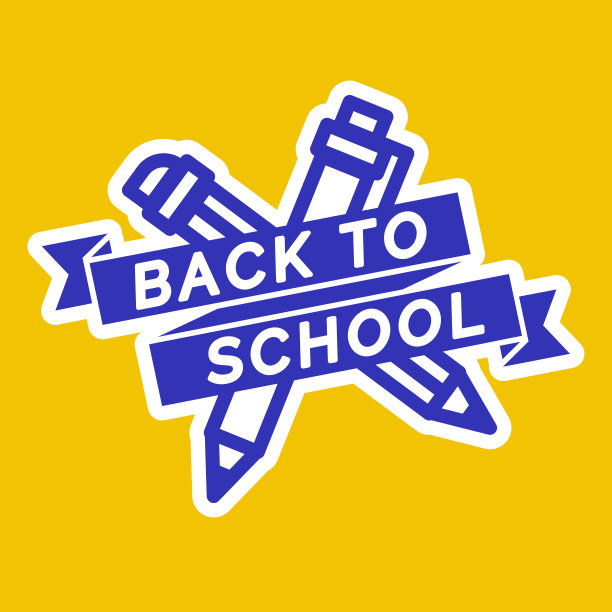 回校徽由钢笔和铅笔组成的青色黄色底色图片下载