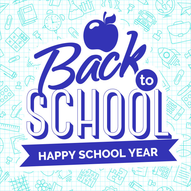 回到学校卡与青色标签组成的苹果和丝带与标志快乐的学年图片下载