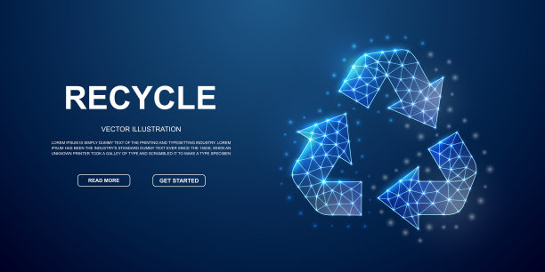 回收三维低多边形符号连点为蓝色着陆页模板。生态设计插画概念。多边形生态系统说明图片下载