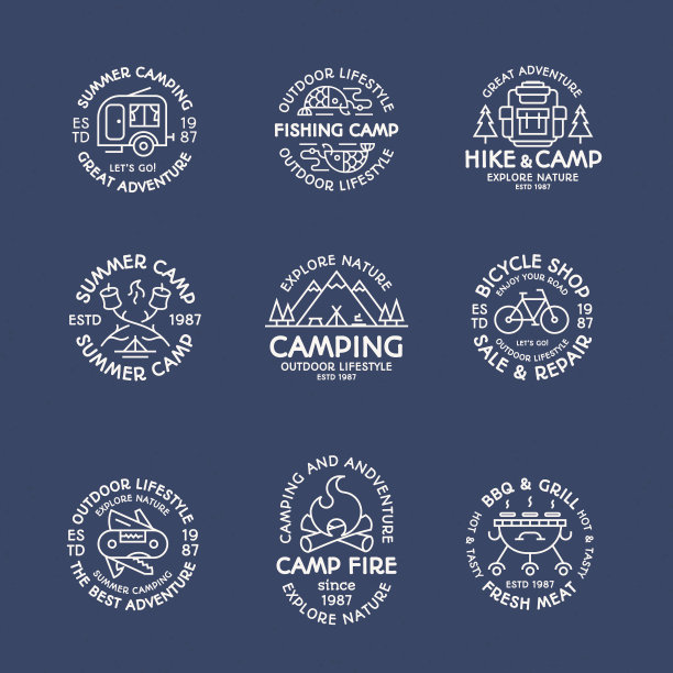 露营标志集线条风格为白色，颜色由帐篷、鱼、火、露营者、山、背包组成图片下载