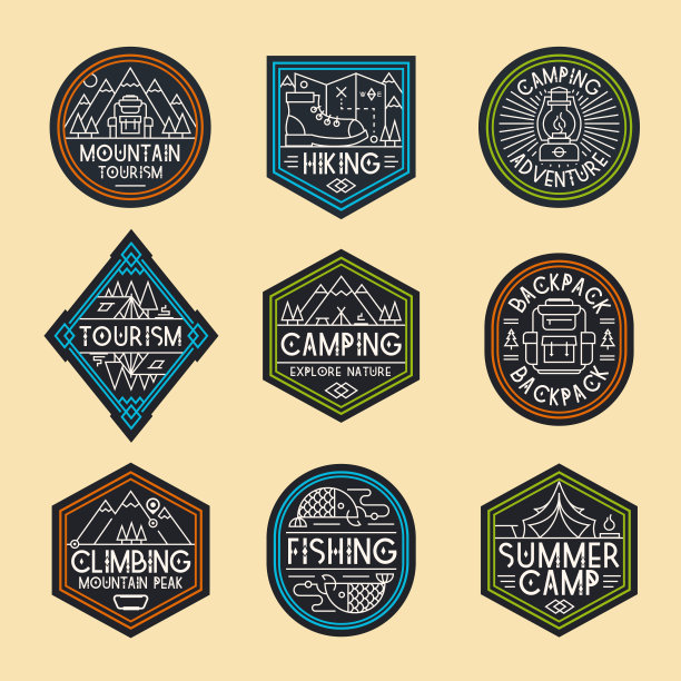 露营标志集色彩风格与山，帐篷，鱼，背包，营地和树木为探索徽章图片下载