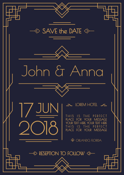 婚礼邀请卡模板艺术装饰和阿拉伯风格与黄金框架图片下载