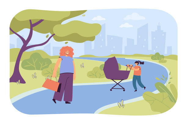 姐姐和妈妈推着婴儿车图片下载