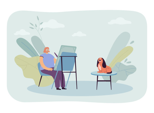 女孩在家里的画架上画她的狗图片下载