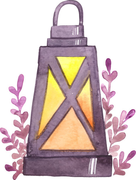 灯与蕨类植物的叶子水彩图片下载