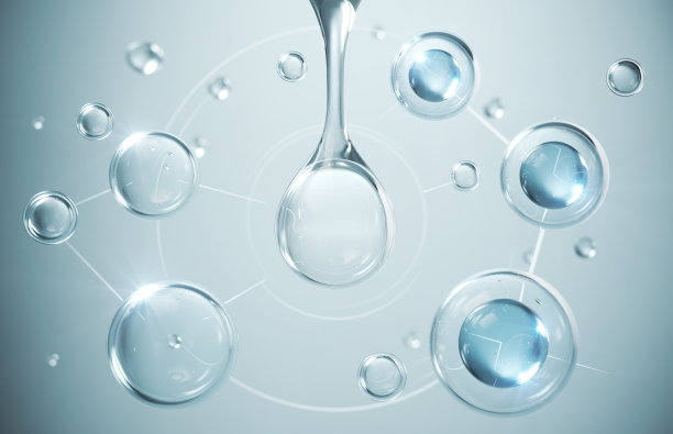 化妆品保湿水分子，化妆品精华，液体泡泡，水背景下液体泡泡中的分子，3d渲染图片下载