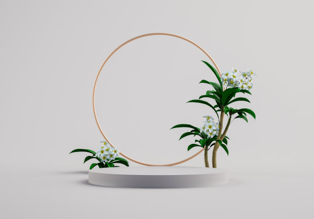 3d背景与基座。金制的带花的圆框。极简主义的现实主义形象的一个空的讲台上展示化妆品。3 d演示。图片下载