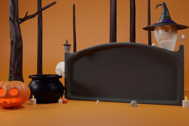 有南瓜和其他传统万圣节装饰的万圣节海报。文本。三维渲染图片下载