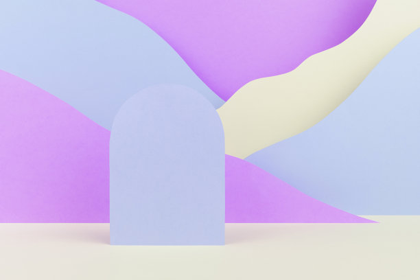 奇幻卡通抽象场景模拟与拱门平台，山景观与紫色，蓝色，白色斜坡。模板陈列室用于广告、化妆品、商品的展示、广告。图片下载