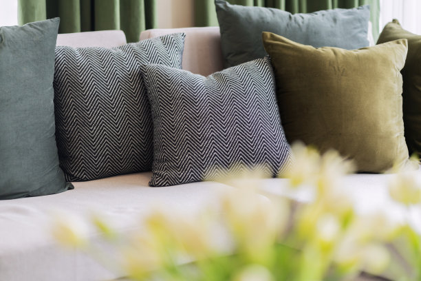 客厅的现代室内以部分沙发和布置在晴天的布置枕头和白色窗帘的室内细节设计背景概念图片下载